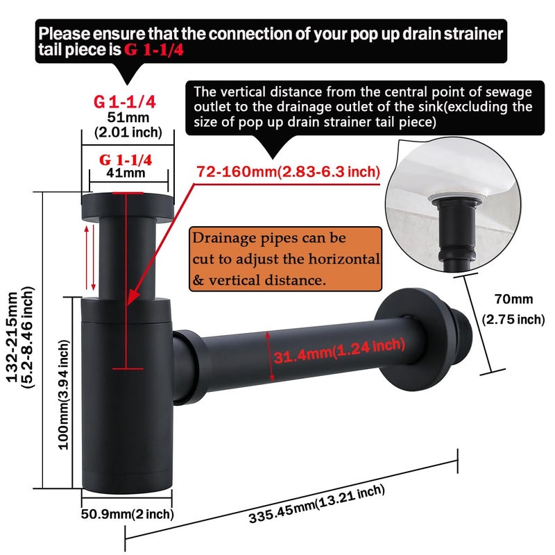 RANDOM Brass Contemporary Round Bottle P Trap 1 1/4,Basin Sink Waste Drain P Trap Kit (Matte Black) - Image 2
